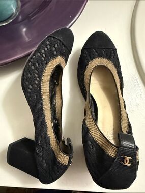 AUTHENTIC Chanel Black Lace Ballet Flats with Gold Accent - Women's Shoes